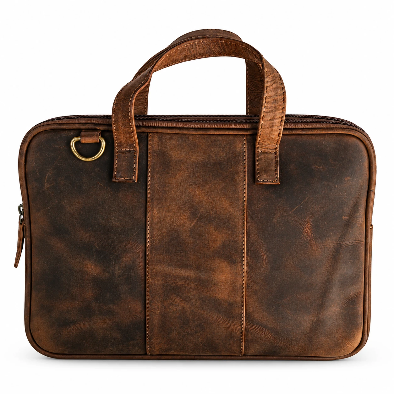 Brown leather laptop sleeve with carry handles, perimeter zipper and hardware attachment