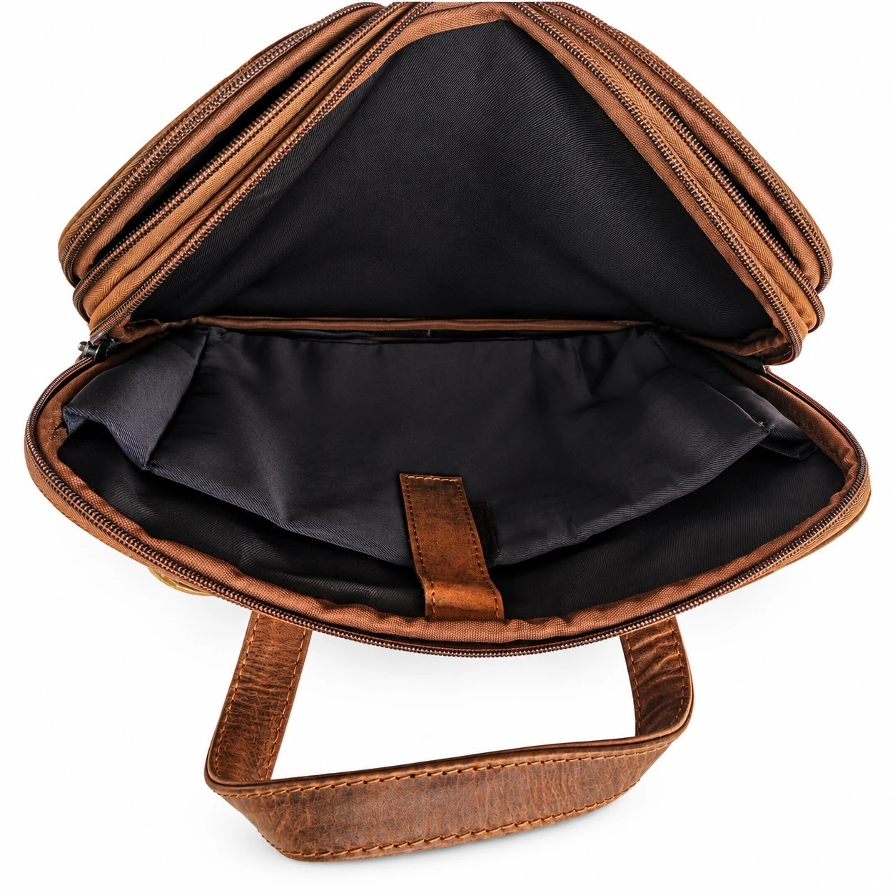 Open laptop section with dark lining and leather retaining tab