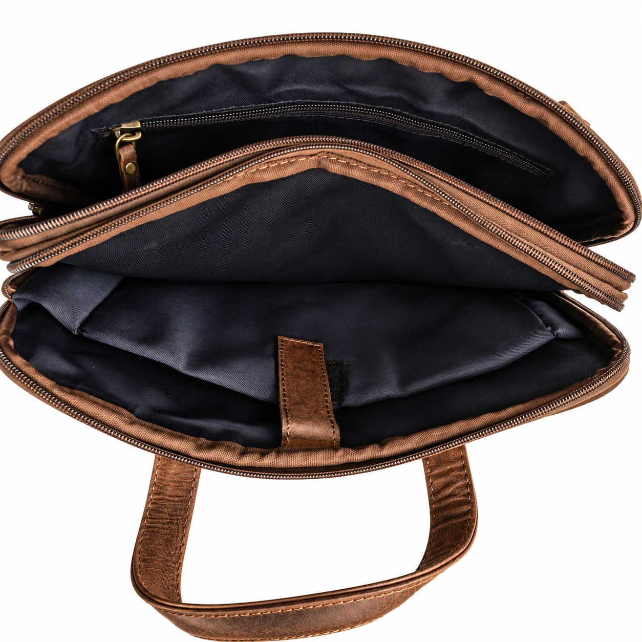 Open brown leather laptop sleeve showing compartments, lining and internal zipped pocket