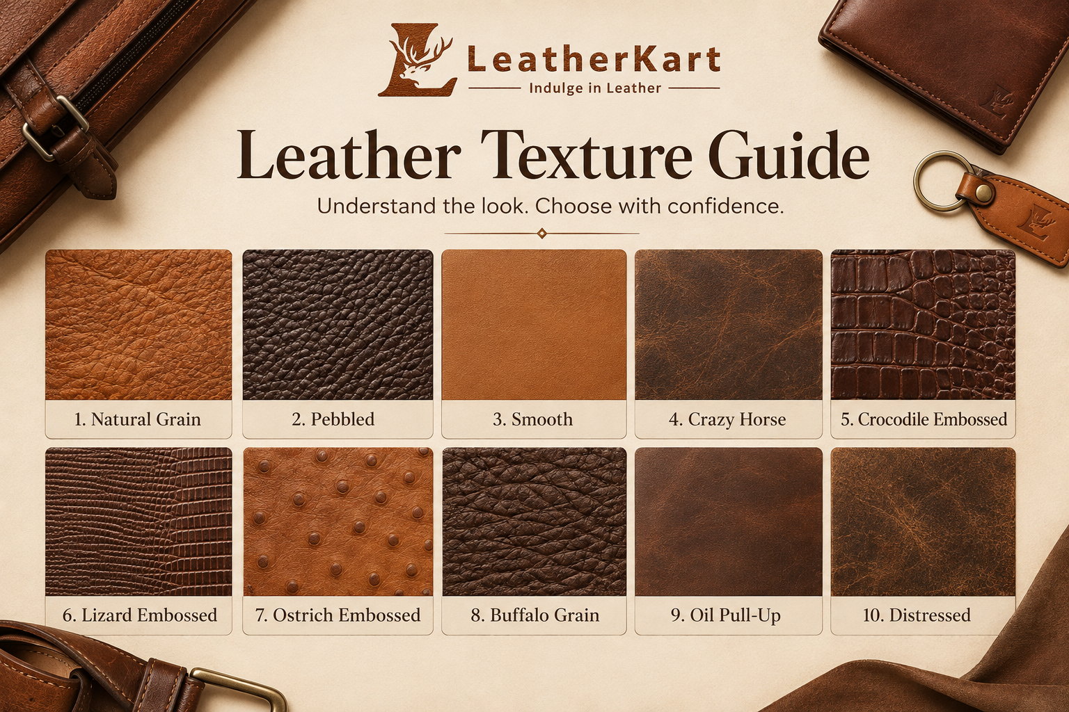 Leather Texture Explained: Natural Grain, Pebbled, Smooth, Crazy Horse, Embossed, Buffalo Grain, Oil Pull-Up and Distressed | Leatherkart