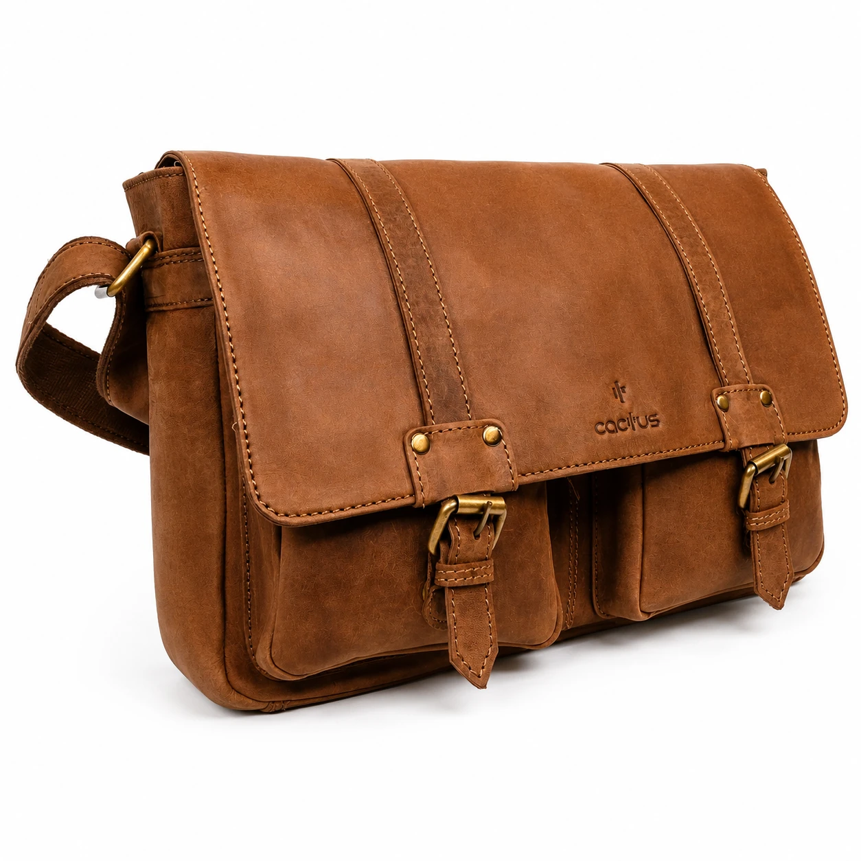 Cactus Brown Leather Laptop Messenger Bag for Men – Vintage Leather Satchel with Brass Hardware & Multiple Compartments