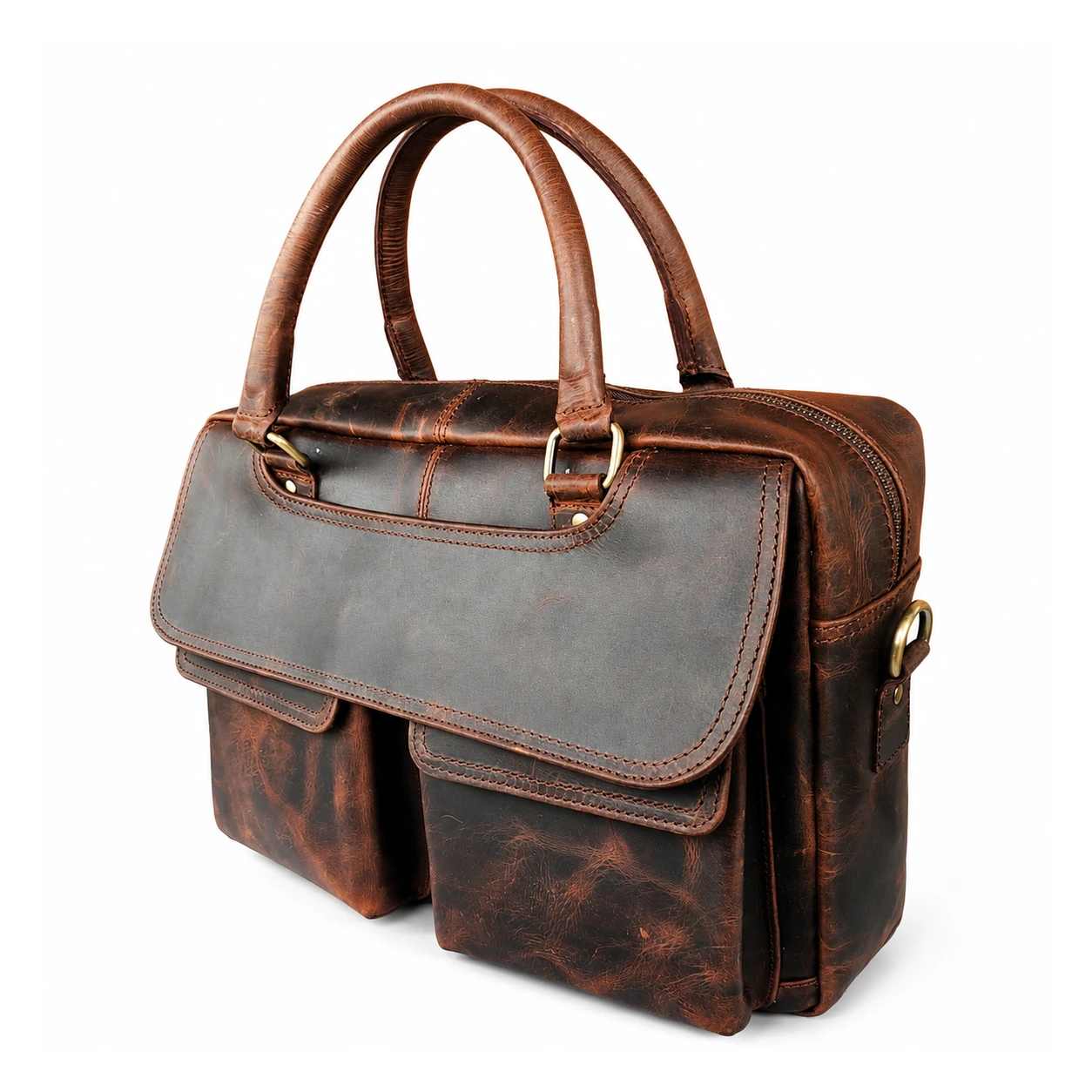 Vintage Brown Genuine Leather Laptop Briefcase with Twin Front Pockets