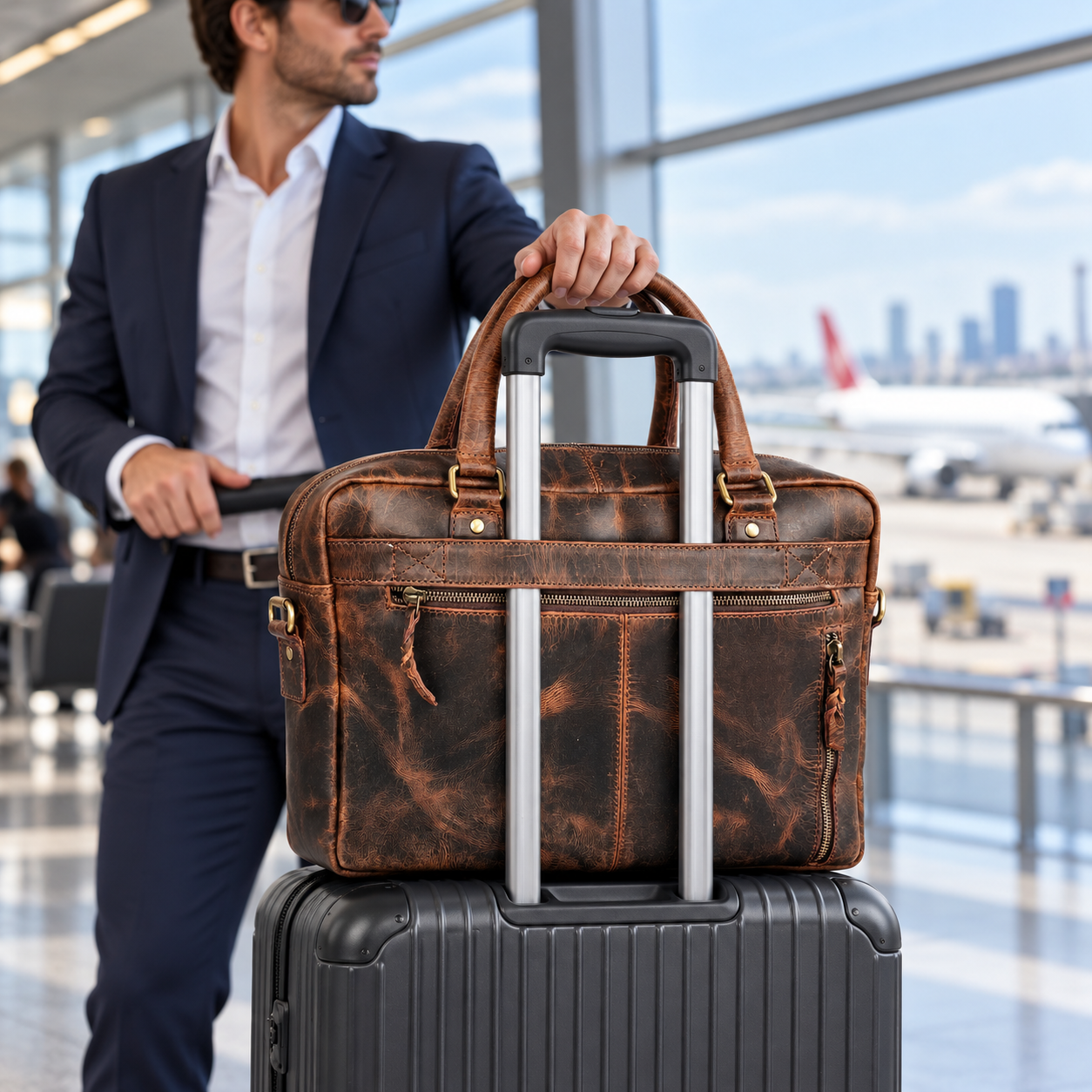 Trolley strap on the Vintage Brown leather laptop briefcase