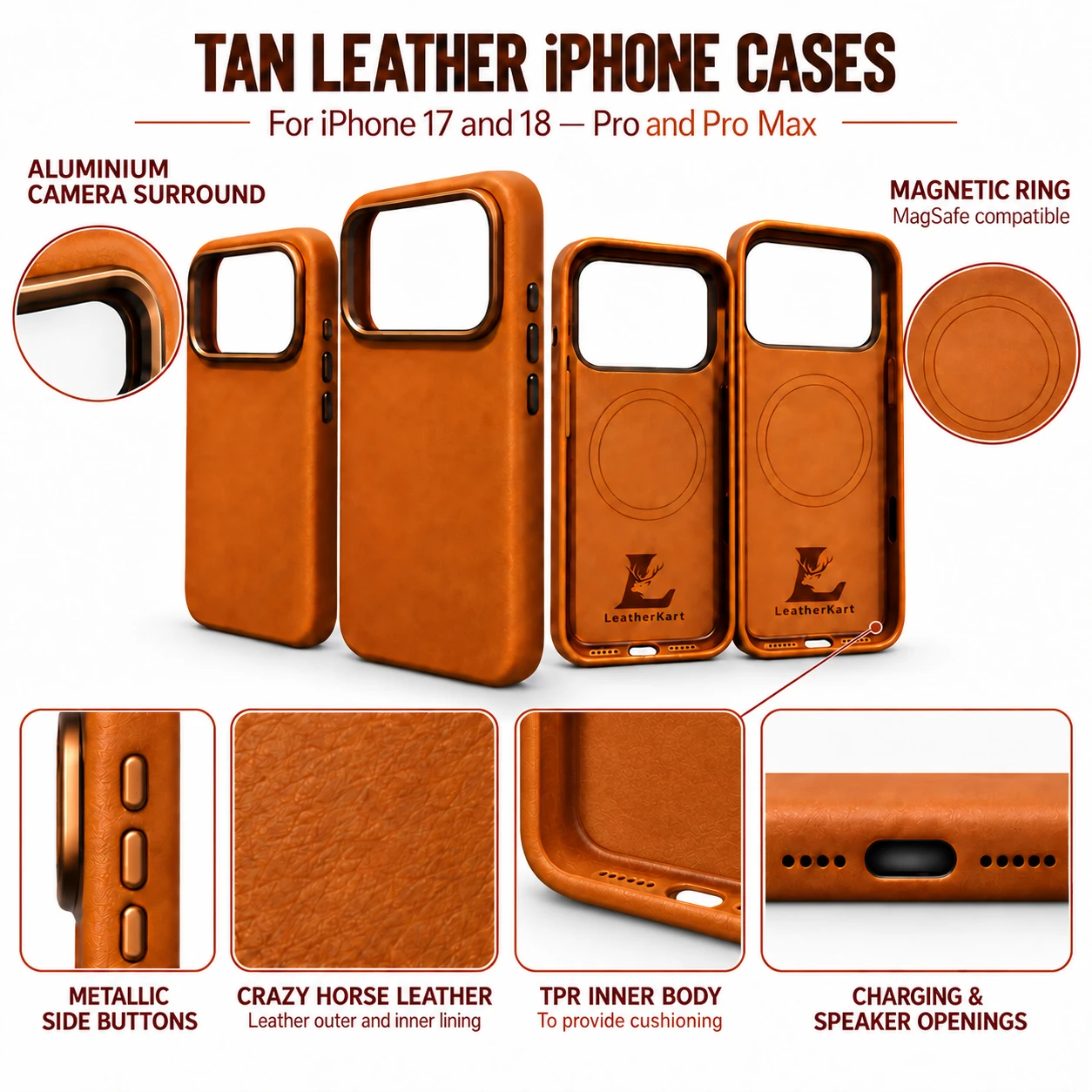 LeatherKart Tan Genuine Leather iPhone 17 Pro Max / 18 Pro Max Case – MagSafe Compatible - Tan - alternate view